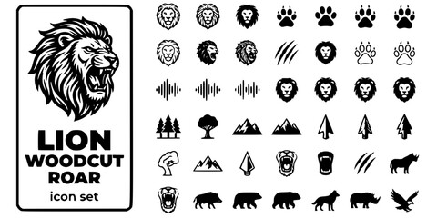 Lion Woodcut Roar Black White-Mane Fierce Expression-Wild Animal Vector-Lion Icon Woodcut-T-Shirt Print Design Set © T-Shop