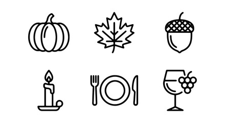Set of fall and thanksgiving icons including pumpkin, maple leaf, acorn, candle, dinnerware, and wine with grapes © SUFIA