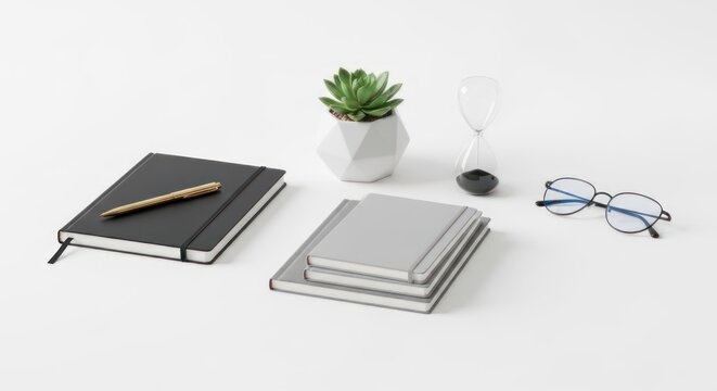 A minimalist desk setup with notebooks, a pen, a succulent plant, an hourglass, and a pair of glasses. The objects are arranged neatly on a plain white surface, creating a clean
