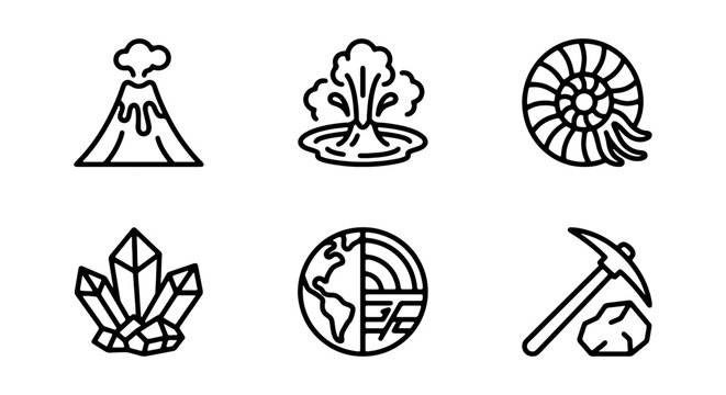 Set of geology and earth science icons including volcano, geyser, ammonite fossil, crystals, earth layers, and pickaxe