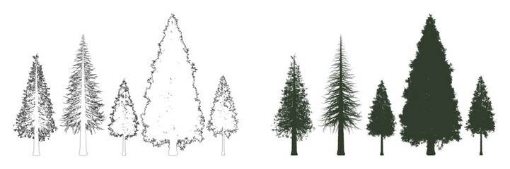 Architectural CAD tree elevation set with detailed line drawings and solid green silhouette forest elements, side view vegetation collection for landscape and urban planning design © AssetBud