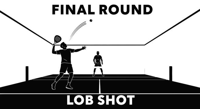 Black and White Paddleball Match Illustration in Final Round, Making a Lob Shot Victory