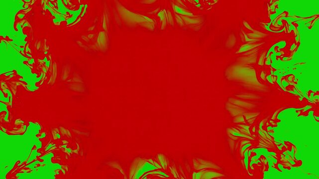 Intense red abstract visual background featuring a glowing green and yellow smoky border vignette. Perfect for sci-fi video overlays, dramatic graphic backgrounds, gaming stream borders, Halloween par