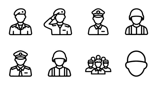 Set of military and soldier icons, including officer, infantry, and army personnel in line art style