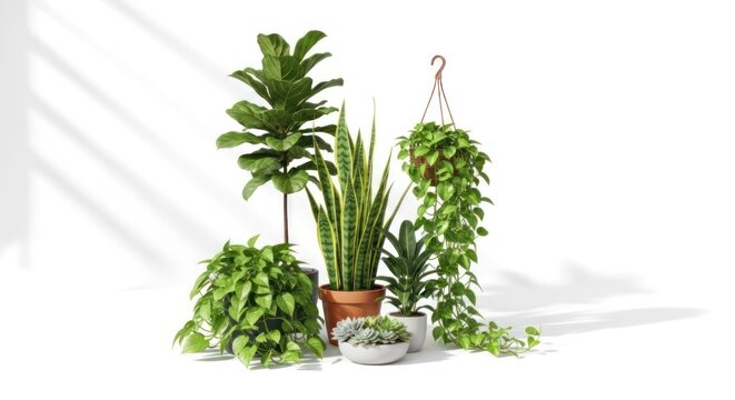 A variety of indoor plants arranged in different pots and hanging baskets, placed on a white surface with soft shadows. The plants include a large fiddle leaf fig, snake plant, pothos