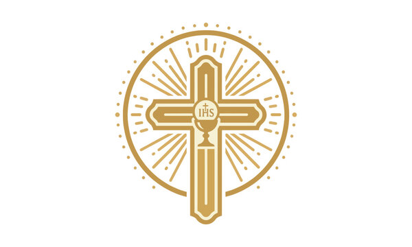 Eucharist and cross symbol with IHS monogram, christian religious icon design.