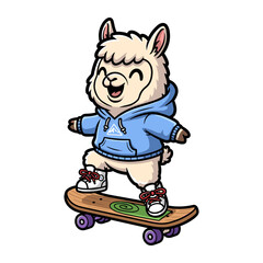 Obraz premium Adorable Cartoon Llama Skater in Blue Hoodie Smiling while Riding Skateboard.