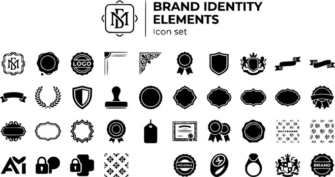 Brand Identity Elements Icon Set Monogram Frame Wax Seal Logo Badge Letterhead Border Corner Ornament Ribbon Seal Emblem Crest Banner Laurel Wreath Shield 30 Icons Flat Vector Commercial Design