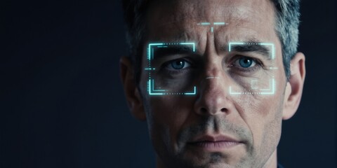 Obraz premium Man face undergoing biometric scan with digital overlay. Technology analyzes facial features for identification and access control. Futuristic security system checks identity for digital verification.