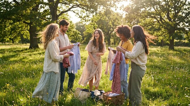 Group of young adults swapping and trying on casual clothing in a sunny green meadow with trees