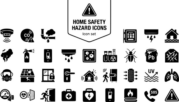 Home Safety Hazard Icon Set Smoke Detector Carbon Monoxide Gas Leak Flood Risk Electrical Panel Fire Extinguisher Circuit Breaker Water Damage Mold Alert 30 Icons Flat Vector Household Safety
