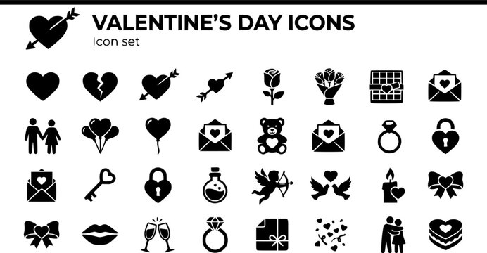 Valentine's Day Icon Set Heart Arrow Rose Chocolate Box Envelope Couple Balloon Ring Teddy Bear Love Letter Cupid Dove Candle Ribbon Kiss Champagne Diamond 30 Icons Flat Vector Silhouette Love