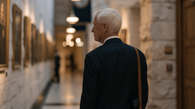 Former cabinet secretary walking alone through empty memorial corridor at federal building, portraits of predecessors lining stone walls, late evening, echoing institutional space, government legacy