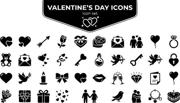 Valentine's Day Icon Set Heart Arrow Rose Chocolate Box Envelope Couple Balloon Ring Teddy Bear Love Letter Cupid Dove Candle Ribbon Kiss Champagne Diamond 30 Icons Flat Vector Silhouette Love