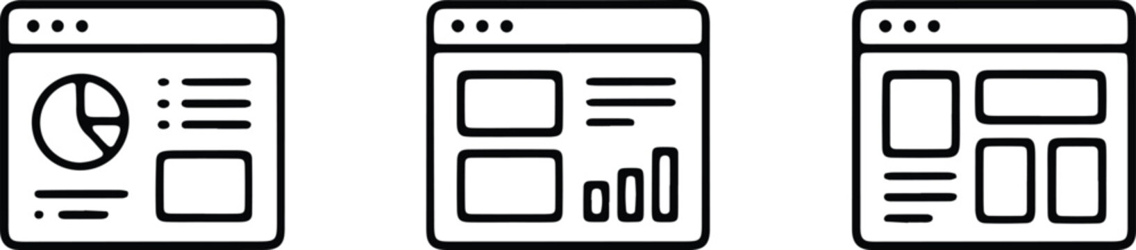 Web page wireframes with pie chart and bars on white background  website design elements