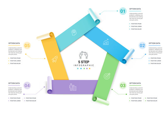 Modern infographic template with colorful paper roll elements, business icons. Can be use diagram, timeline, workflow and background