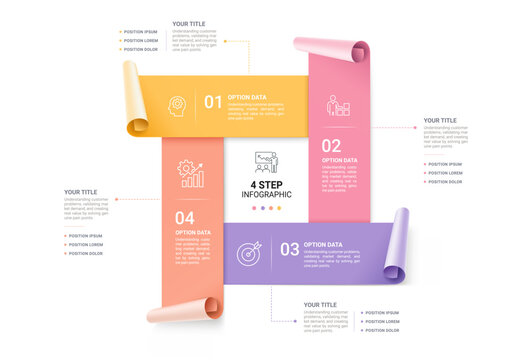 Modern infographic template with colorful paper roll elements, business icons. Can be use diagram, timeline, workflow and background