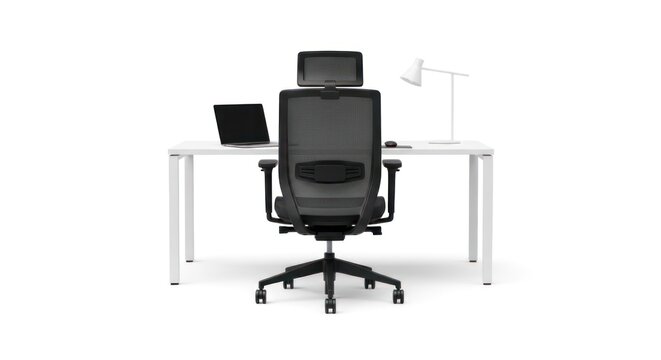 A modern office setup with a black ergonomic chair, white desk, laptop, and desk lamp against a clean white background. The scene is minimalistic and professional.