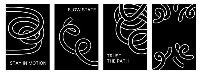 Fototapeta premium Abstract Minimal Line Poster Set with Bold Wavy Curves and Inspirational Typography. Black and White Ribbon. Flow State and Trust the Path Inspirational Quotes. Vector Collection