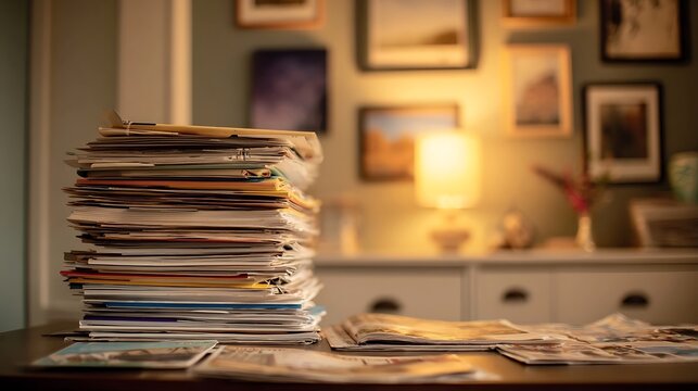 A tall stack of magazines and papers sits on a table in front of a wall adorned with framed pictures and a lit lamp