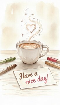 Coffee cup on table with heart shaped steam rising beside handwritten note Have a nice day and scattered pens in soft brown toned illustration conveying calm morning routine and positive start of the