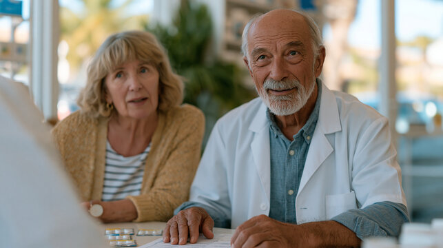 Elderly patient couple sits across from pharmacist at consultation table reviewing printed polypharmacy medication schedule, adherence packaging samples spread on desk, natural light filtering into 
