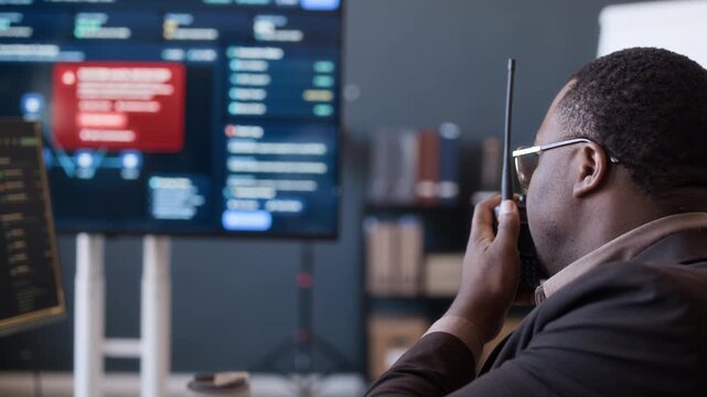 Medium close up shot of Black male network engineer detecting cyberattack on computer and reporting via radio in modern office