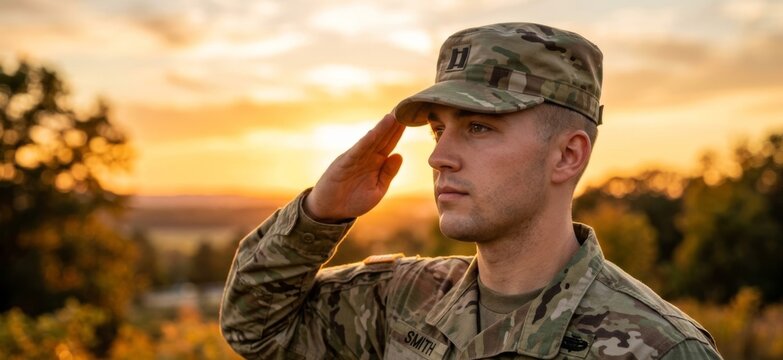 A man in US Army camouflage uniform gives a military salute at sunset. A patriotic military gesture honoring service in the armed forces. American Independence Day.