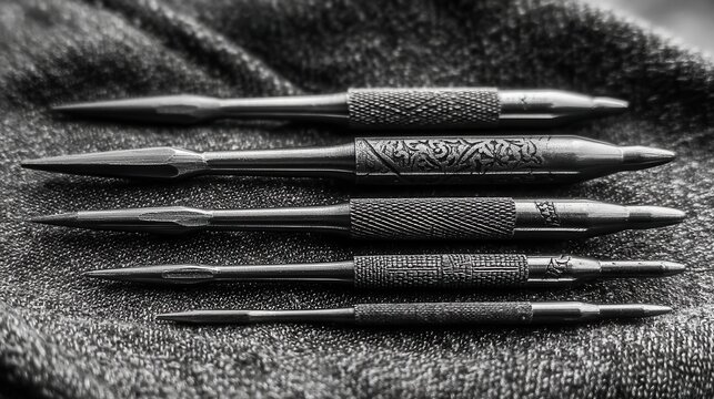 A close-up view of a collection of meticulously crafted metal dental and surgical instruments with varied knurled handles