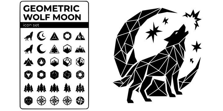 Geometric Wolf Moon Black White-Angular Shape Sharp-Wilderness Vector-Wolf Icon Geometric-T-Shirt Print Design Set