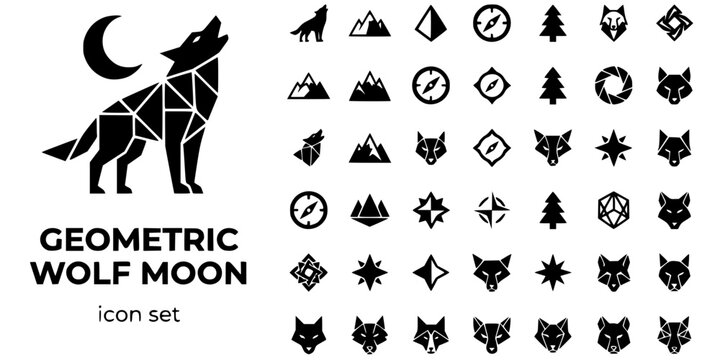 Geometric Wolf Moon Black White-Angular Shape Sharp-Wilderness Vector-Wolf Icon Geometric-T-Shirt Print Design Set