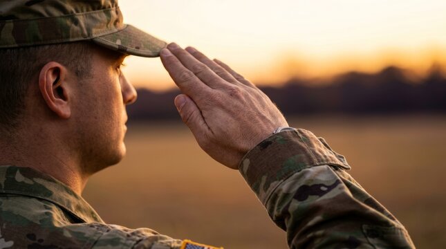 A man in US Army camouflage uniform gives a military salute at sunset. A patriotic military gesture honoring service in the armed forces. American Independence Day.