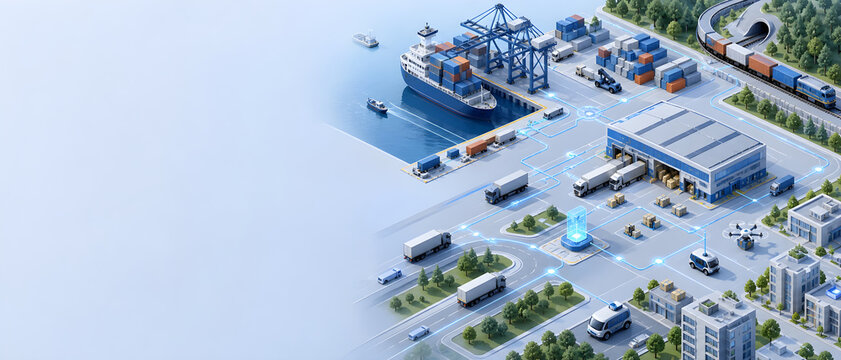Smart Logistics Infrastructure Map &ndash; Isometric Port, Warehouse, Rail and Delivery Network with Digital Route Lines