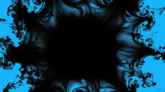 A dark, moody 3D fluid graphic featuring deep blue organic swirling waves encircling a black center vignette. Excellent for dramatic title sequence frames, horror or thriller trailer overlays, abstrac