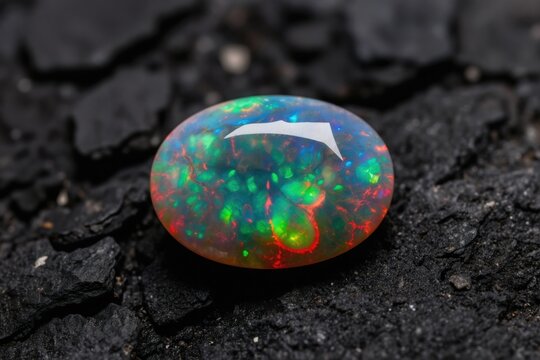 Polished oval black opal gem displays vibrant green blue red play of color. Stone rests on dark rough volcanic rock surface, detailed macro shot. Luxury jewel background, rare mineral beauty,