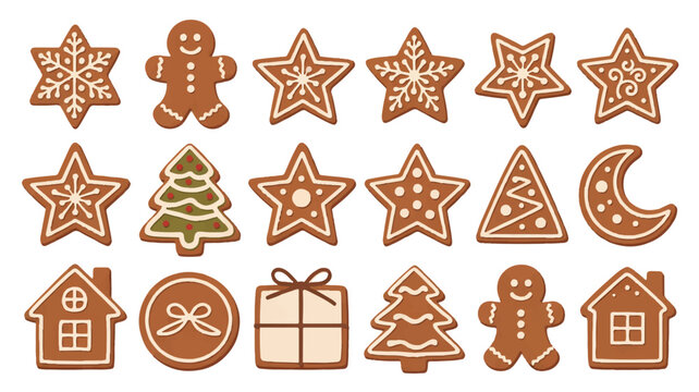 Variety of Christmas gingerbread cookies and shapes on white background