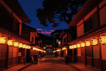 Fototapeta premium Japanese street at dusk illuminated by paper lanterns. Traditional buildings line a stone path under a twilight sky. A tranquil scene of East Asian urban architecture and ambiance.