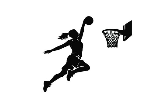 Dynamic black silhouette of a female basketball player performing a layup into a hoop isolated on a clean white background.