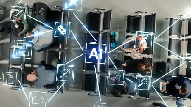 Monitoring passengers, AI assistant and multiracial men and women in airport, VFX compositing. Doing tourists security checks, machine learning graphics overlay HUD and high angle shot of airport