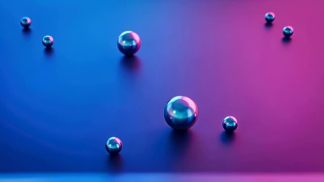 Metallic spheres float in neon gradient space. Abstract motion of reflective chrome balls glowing in blue and purple light. Modern futuristic 3d graphic animation.