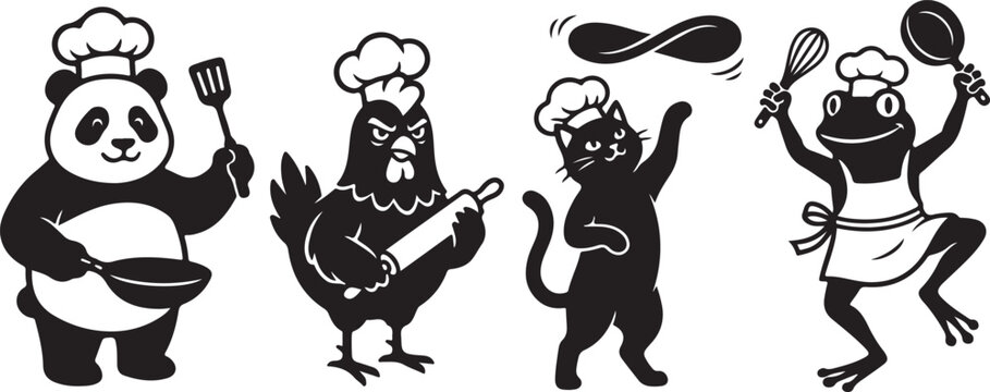 Funny Chef Animal Bundle, Cooking Panda, Angry Chicken Chef, Pizza Cat Chef, Dancing Frog Cook Collection