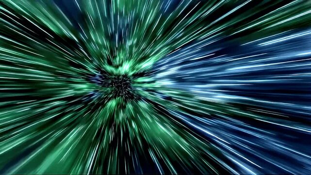 Space universe exploration, fantasy, mysterious. A digital artwork depicts a burst of light, radiating outward in a radial pattern. The colors are predominantly green, blue, and white.
