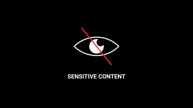 Animated sensitive content warning screen with censored eye symbol on dark background. Ideal for mature media alerts, restricted content, censorship, and social media warnings.