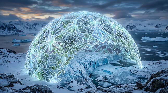Illuminated bio-dome creating a haven of green amidst a glacial expanse, a powerful symbol of ecological preservation and future innovation in a changing world