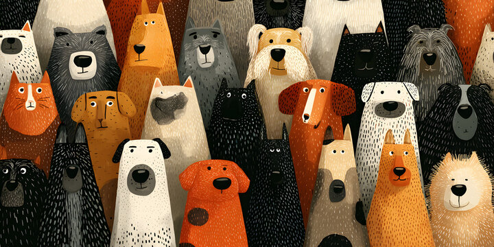 A humorous cartoon seamless pattern featuring dogs, animals, and crowds in flat illustration style. Adorable puppy group background, diverse domestic dog breed wallpaper.