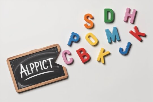 Colorful wooden alphabet letters scattered around a small chalkboard