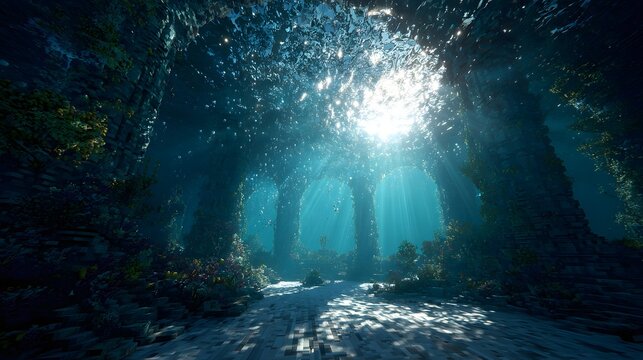 Ancient temple ruins submerged underwater in the deep blue sea with mystical light