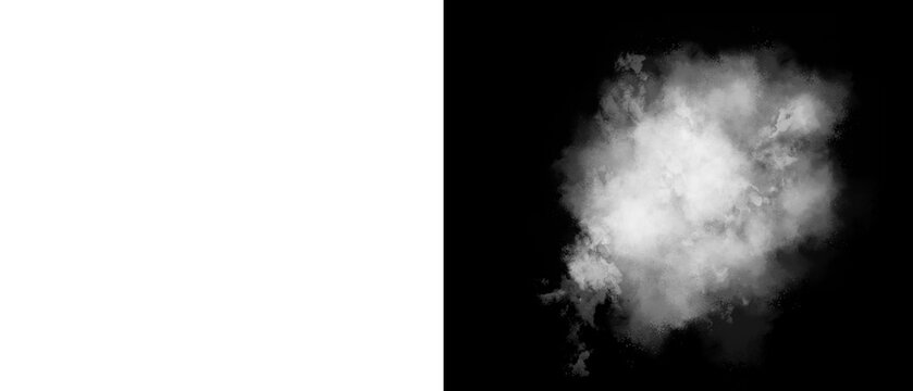 Atmospheric white smoke cloud on black background, ethereal steam burst and fog texture, realistic vapor explosion for photo manipulation