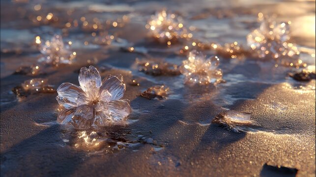 Fantasy transparent crystal flowers floating on water surface with glitter light