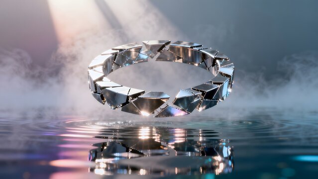 Metallic ring floating above water